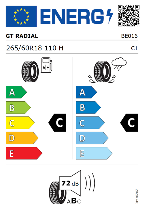 Tyre Label for GT Radial Savero SUV 265/60R18 110H