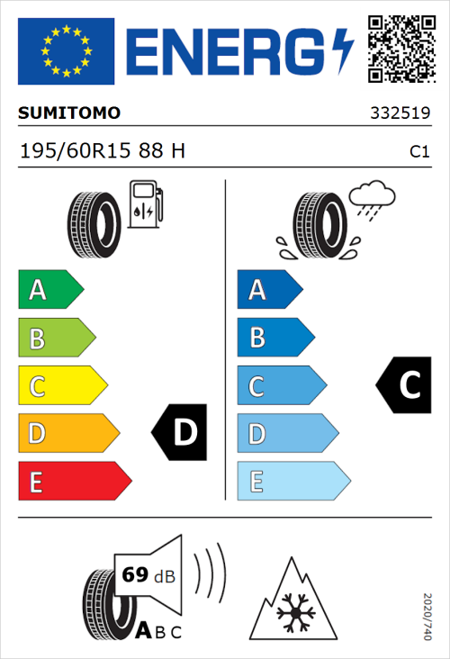 Tyre Label for Sumitomo WT200 195/60R15 88H
