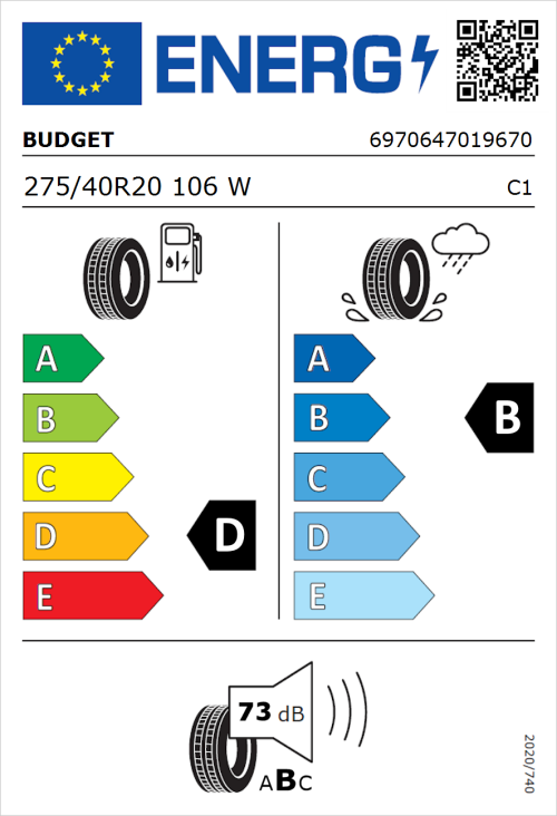 Tyre Label for Budget Budget 275/40R20 106W