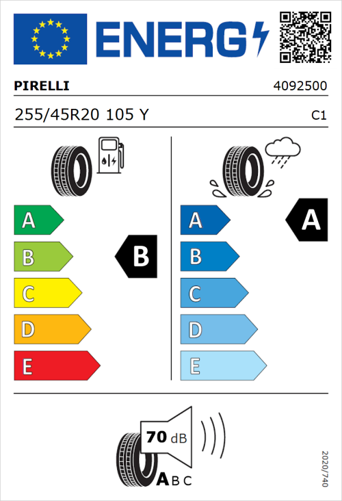 Tyre Label for Pirelli Scorpion 255/45R20 105Y