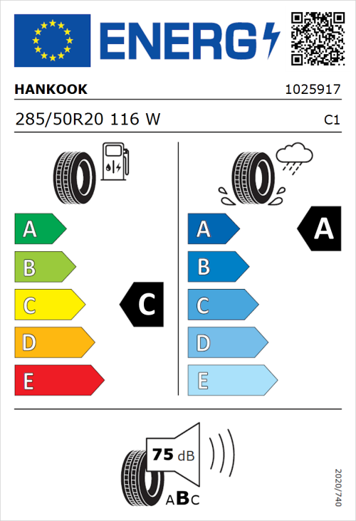 Tyre Label for Hankook Ventus S1 evo3 SUV (K127A) 285/50R20 116W