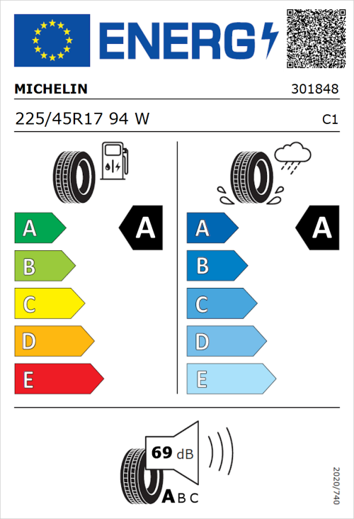 Tyre Label for Michelin Primacy 5 Energy 225/45R17 94W
