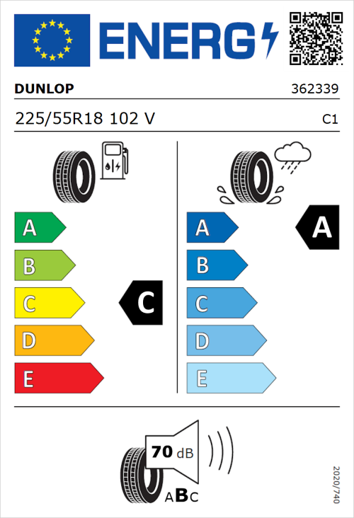 Tyre Label for Dunlop BLUE RESPONSE TG 225/55R18 102V